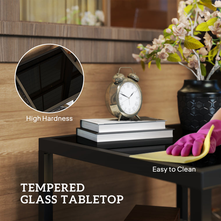 23.6" Rattan End Table with Glass Top and Storage Shelf