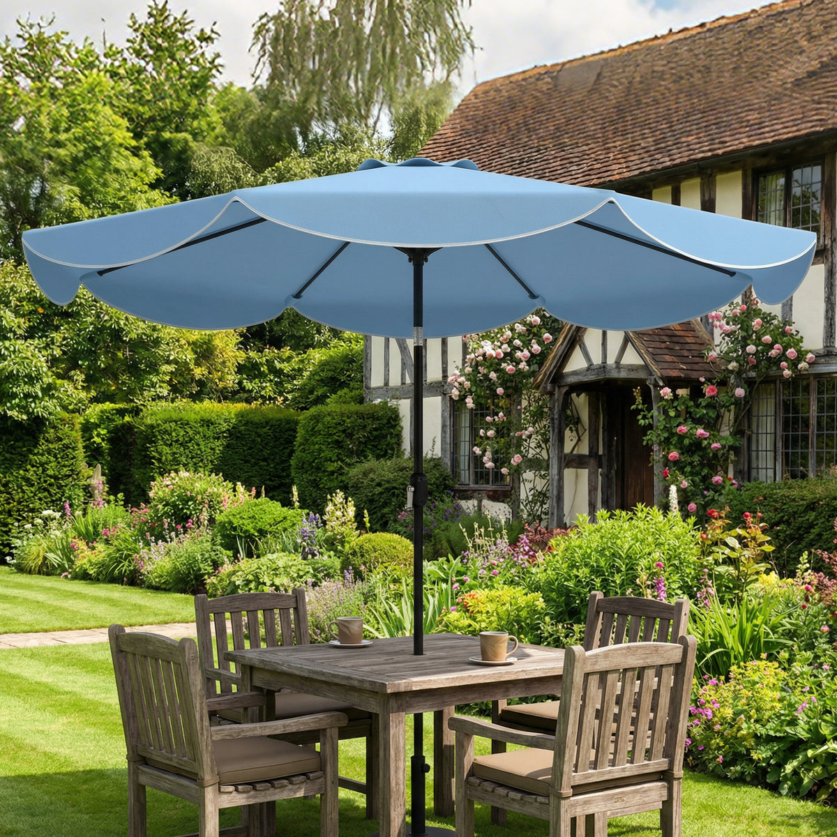 9' x 9' Sky Blue Round Market Umbrella with Valance & Tilt Crank