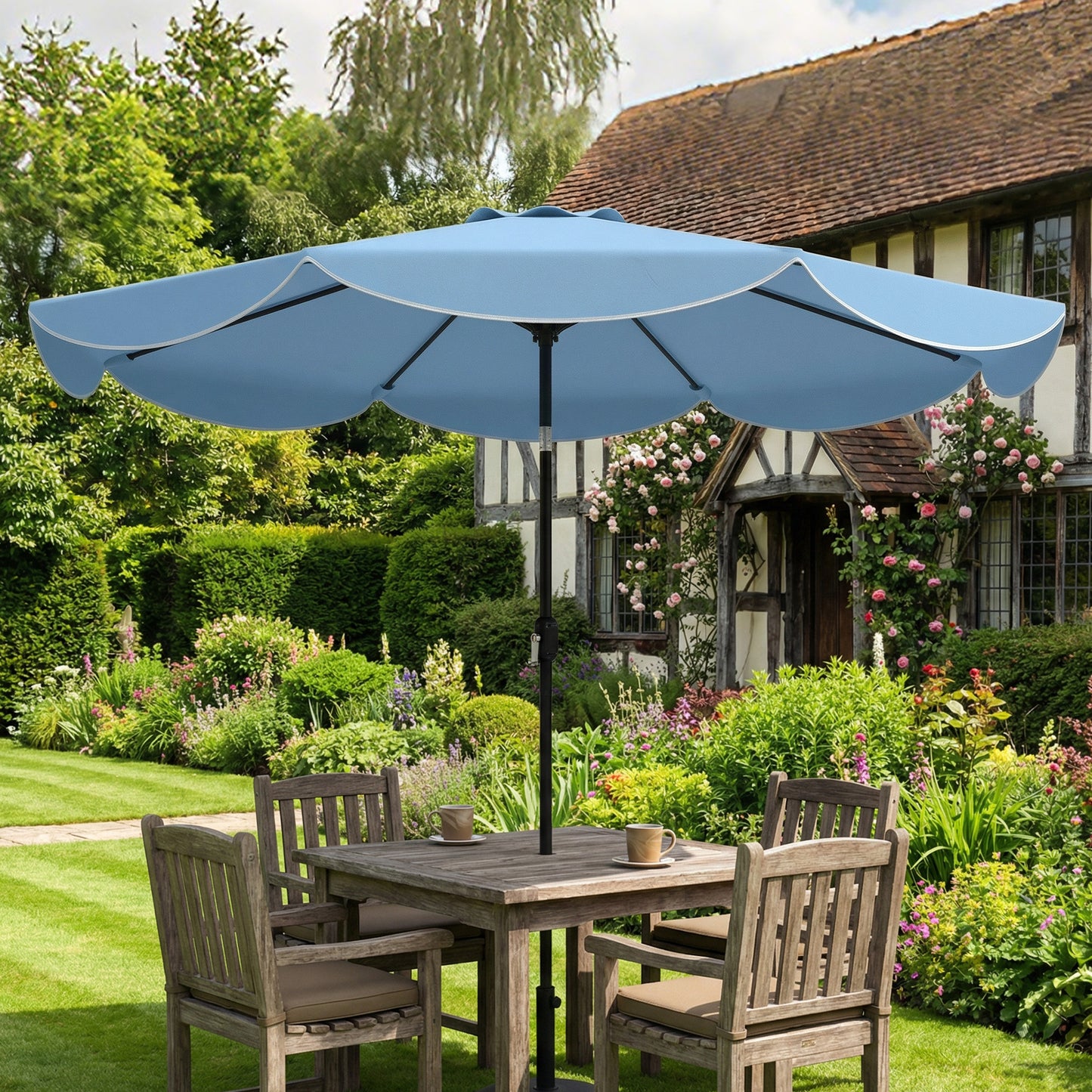9' x 9' Sky Blue Round Market Umbrella with Valance & Tilt Crank