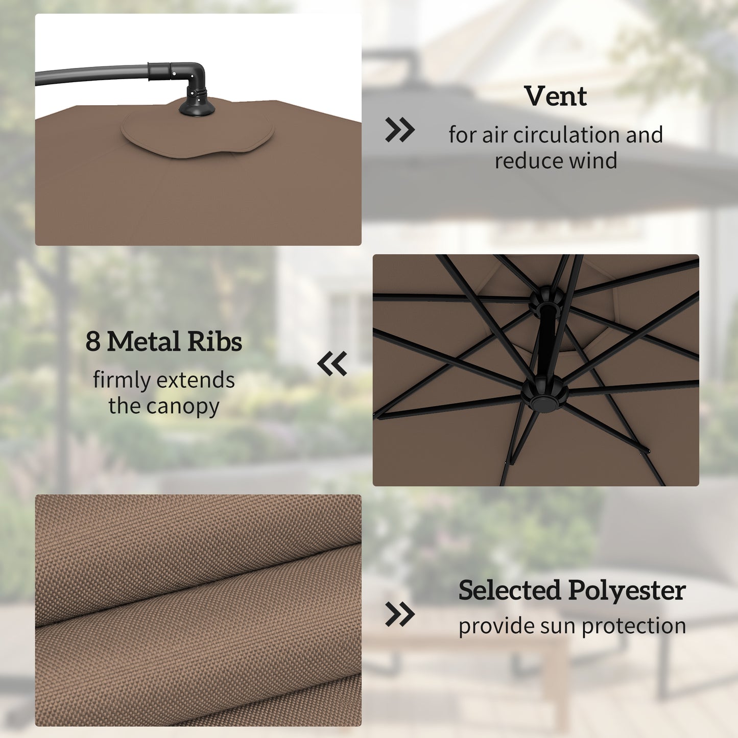 9.6ft Offset Patio Umbrella Garden Hanging Parasol Banana Cantilever Umbrella with Base, Crank, Coffee