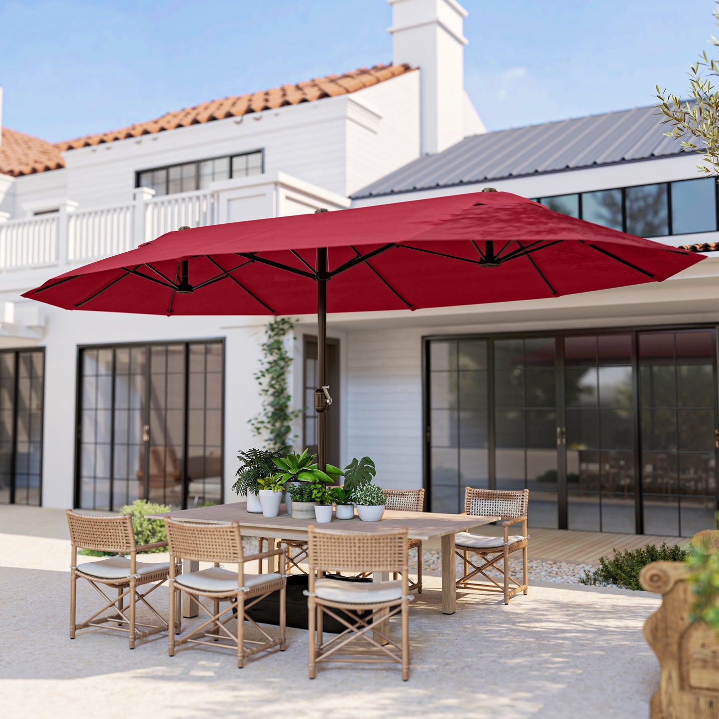 15' Outdoor Patio Umbrella with Twin Canopy Sunshade Steel Table Umbrella with Lift Crank, Cross base, Sandbag, Wine Red
