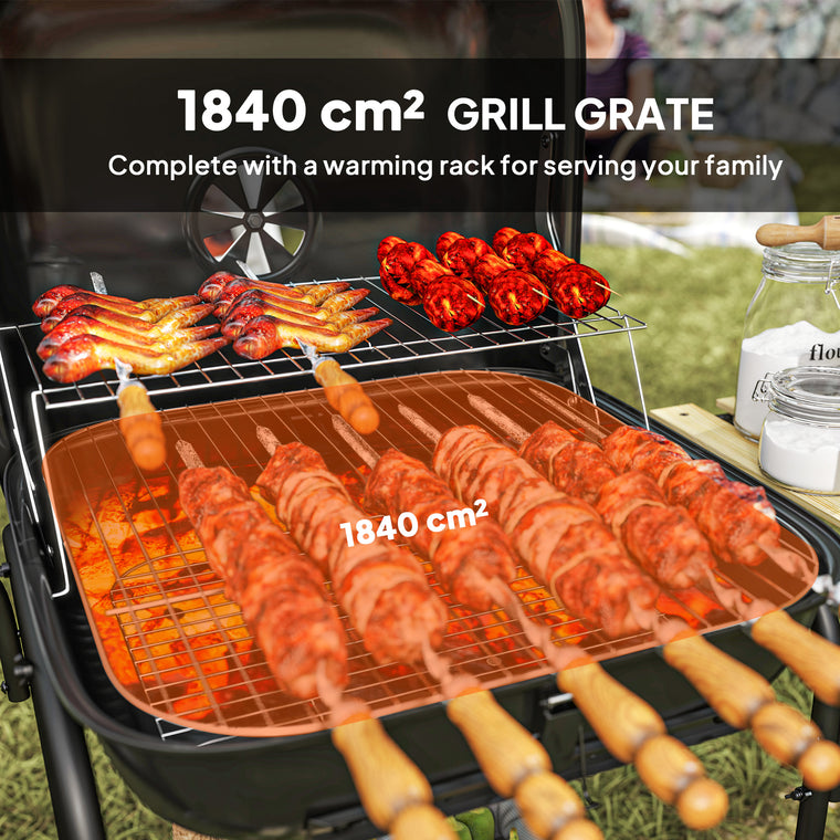 Black Charcoal BBQ Grill with 3 Shelves & Lockable Lid