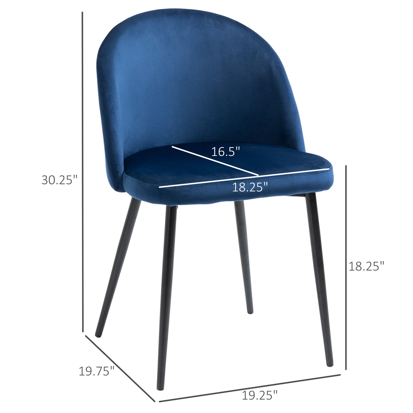 Set of 2 Mid-Back Dining Chair, Mid-Back Velvet-touch Upholstery Kitchen Chair for Living Room Dining Room, Dark Blue