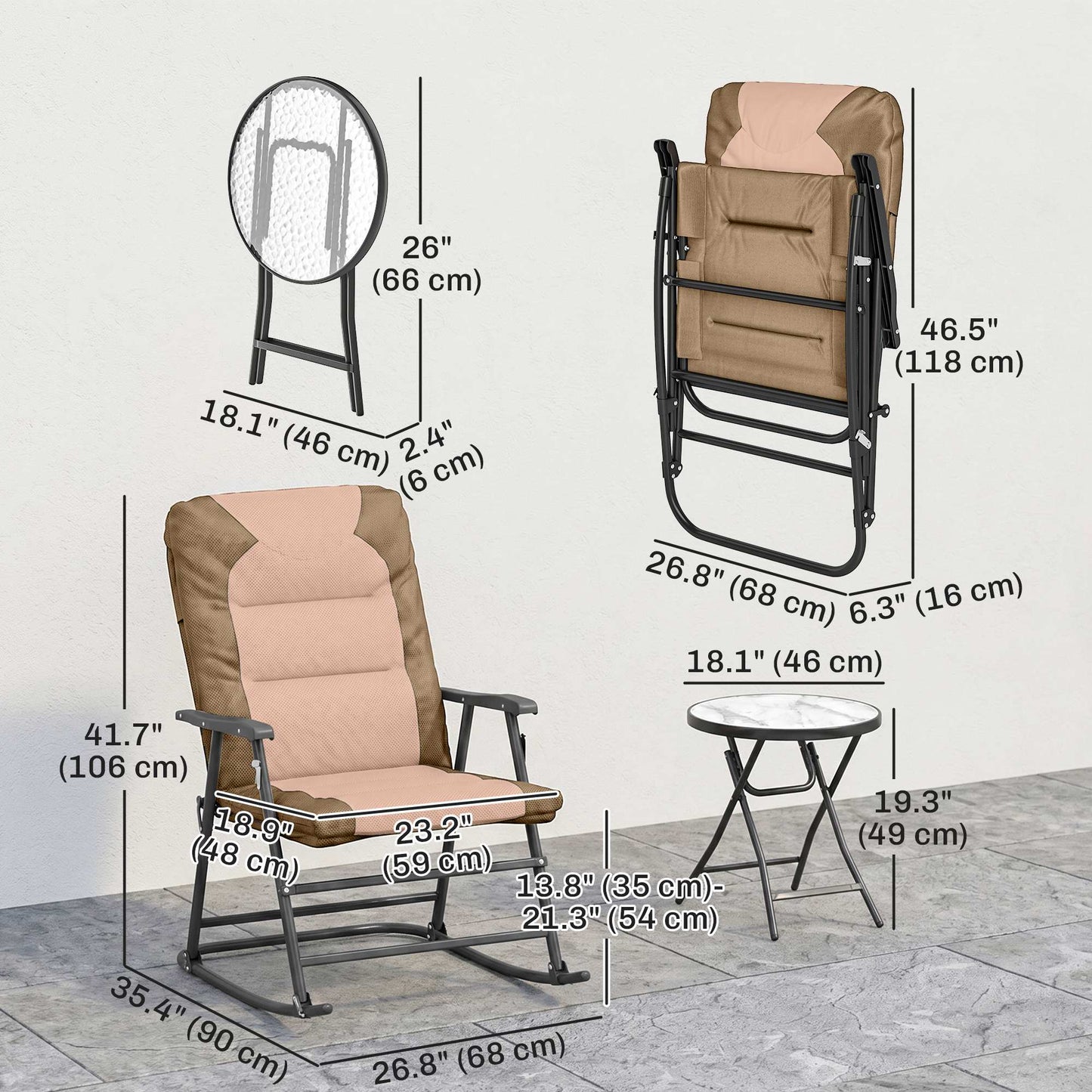3-Piece Outdoor Foldable Rocking Chair Set, Orange