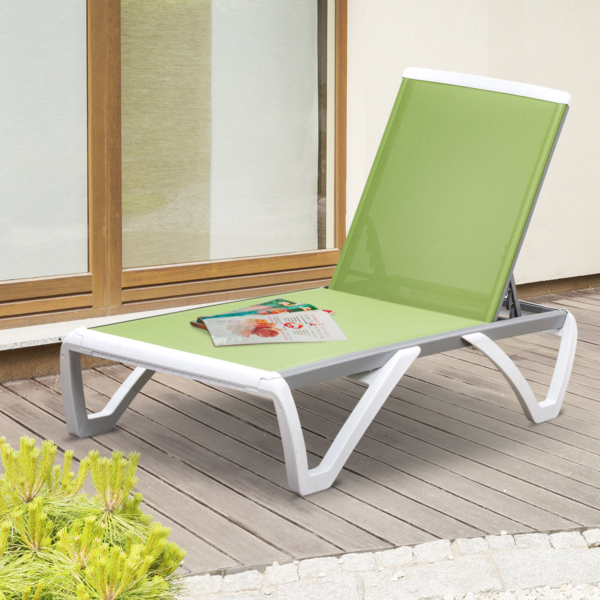 Outdoor Chaise Lounge Chair, Patio Aluminum Tanning Chair with 5-Level Adjustable Back, Portable Wheels, Breathable Mesh Fabric, for Pool, Deck, Garden, Blue - Green