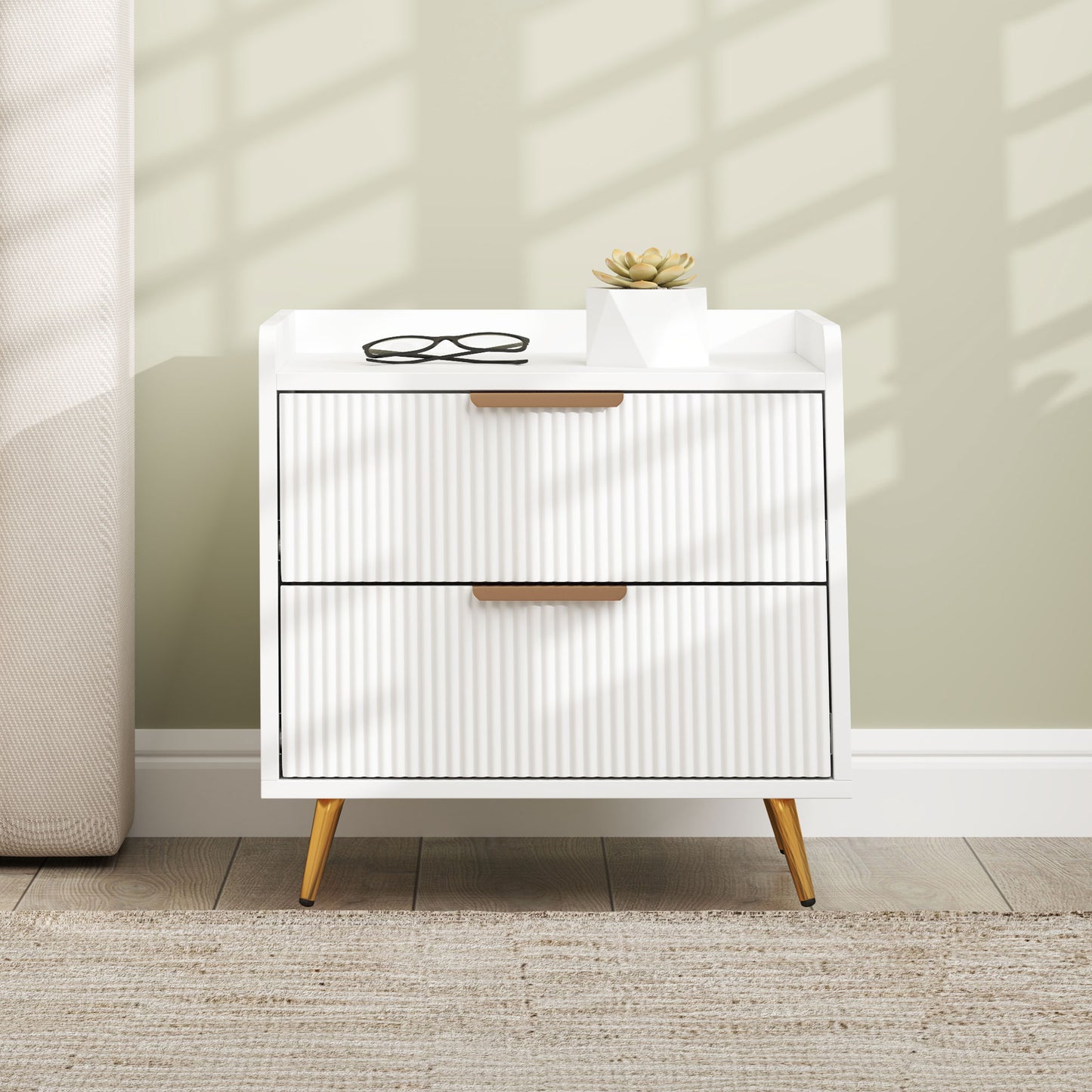 Bedside Table, Nightstand with 2 Drawers, Side End Table with Metal Legs for Bedroom, White