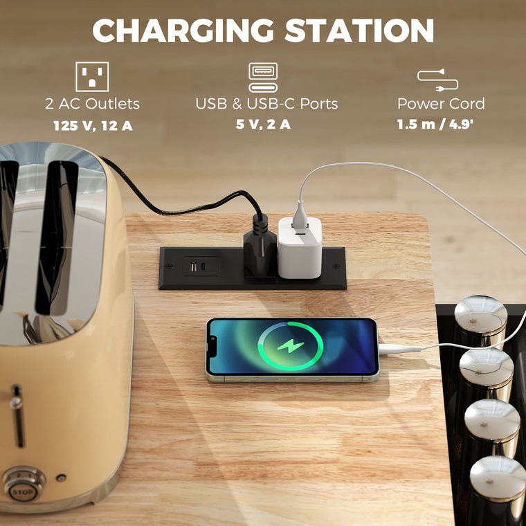 Rolling Kitchen Island with Drop Leaf & Charging Station