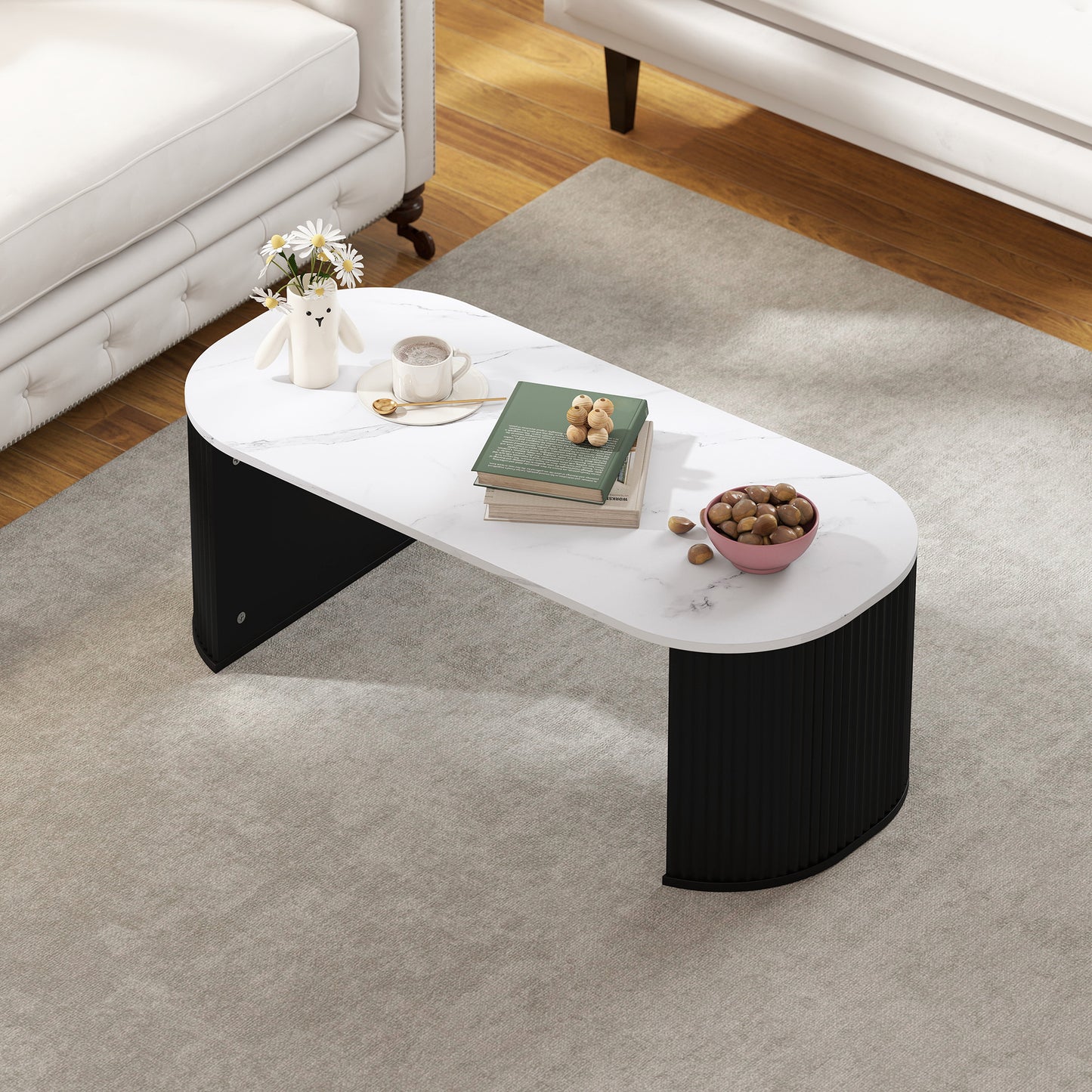 Coffee Table, Modern Marble-Effect Living Room Table with Round Corners and Thicken Legs, Black