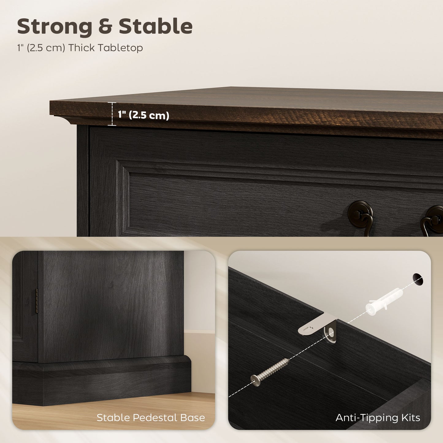 Buffet Cabinet, 32" Farmhouse Sideboard with Thick Top, Quiet Drawer and Adjustable Shelf, Black Wood Grain