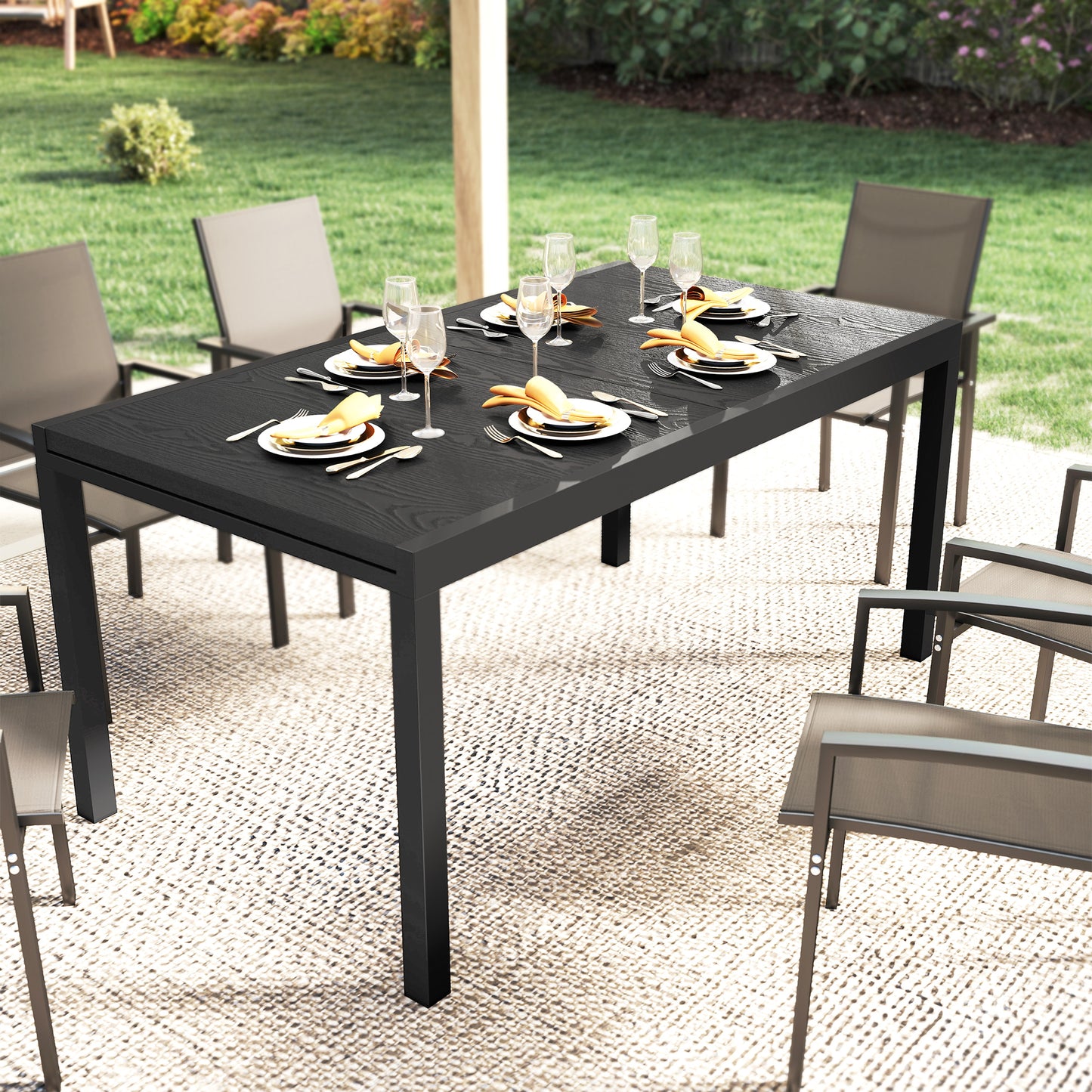 Expandable Patio Dining Table for 8-10 People, 60.6"/84.3" Aluminum Outdoor Dining Table with Adjustable Foot Pads