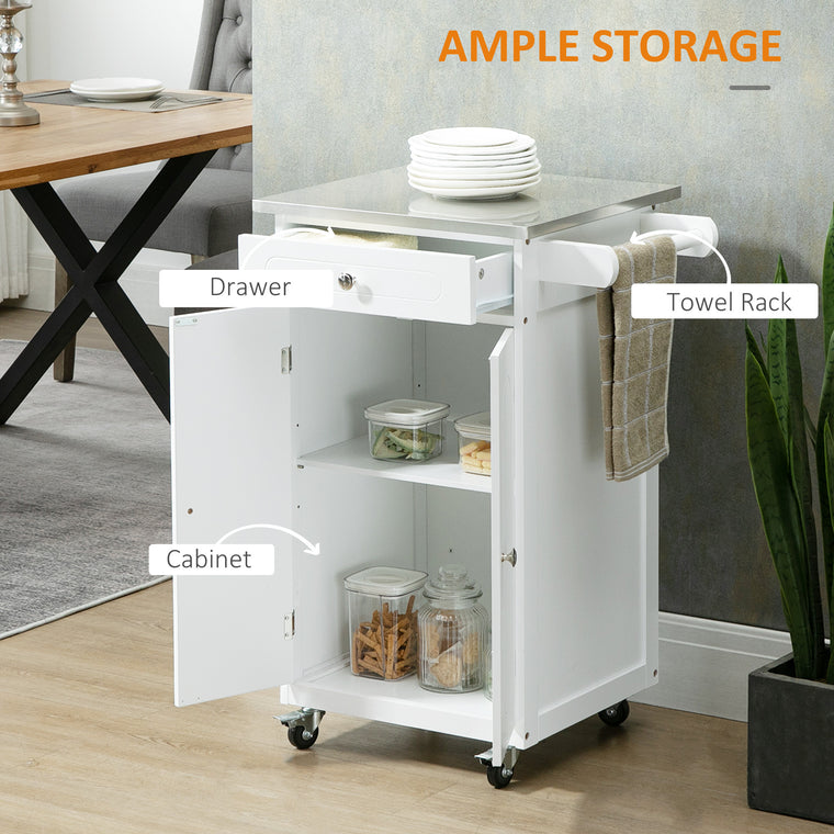 Small Kitchen Island Cart with Stainless Steel Top - White