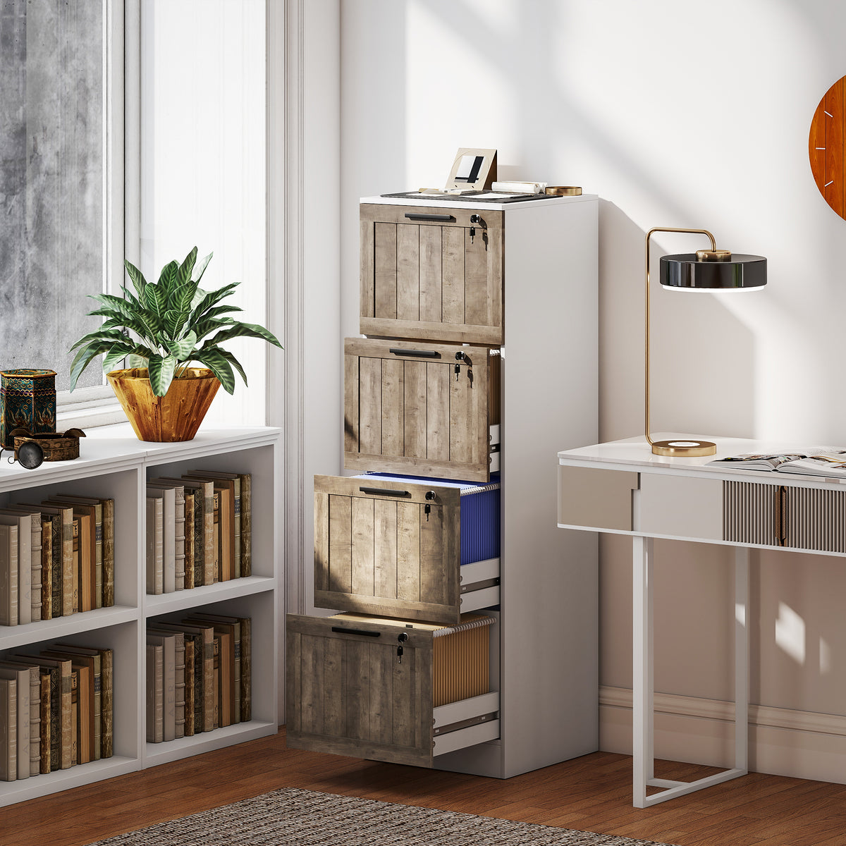 4 Drawer Filing Cabinet, Farmhouse File Cabinet with Lock, Adjustable Hanging Rails for A4 Letter Size Files, White
