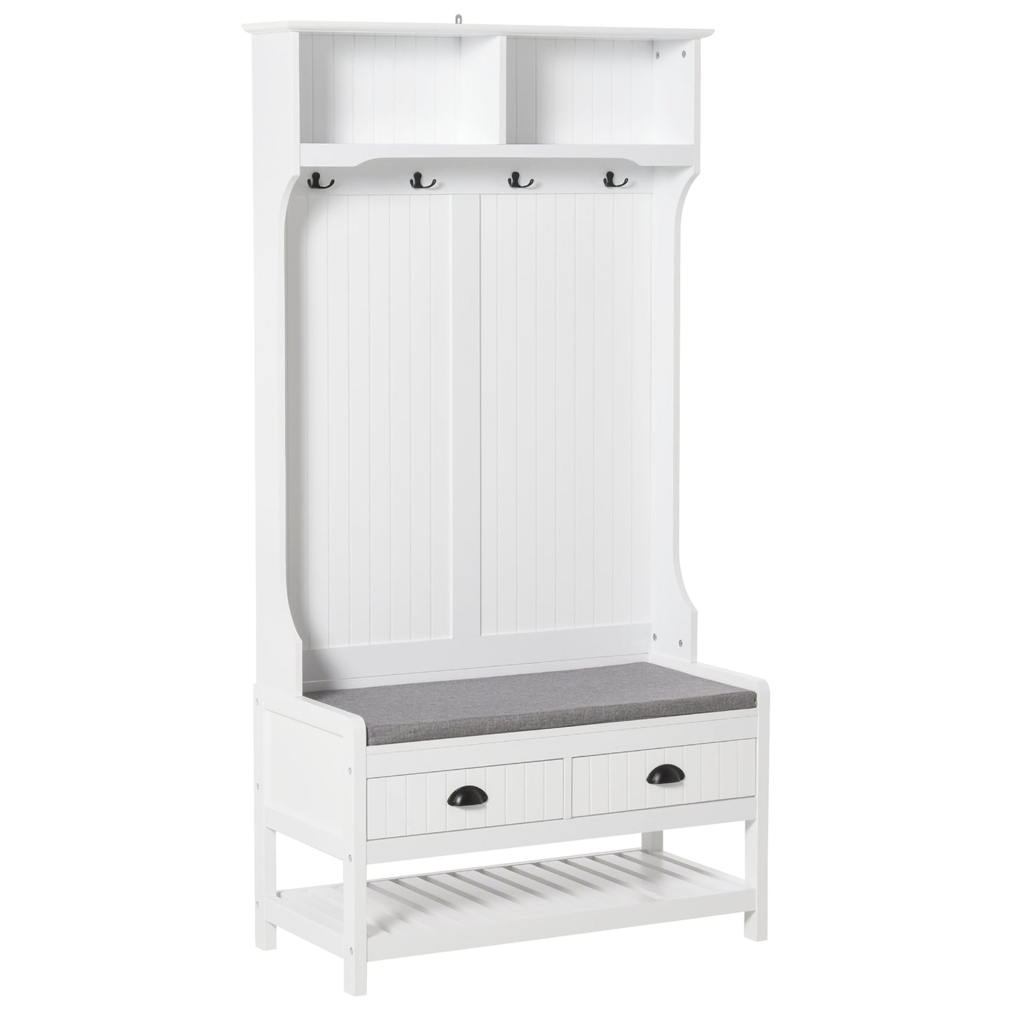 Coat Rack Shoe Bench, Hall Tree with Bench and Shoe Storage, Entryway Bench with 4 Hooks, 2 Drawers, 2 Shelves, White