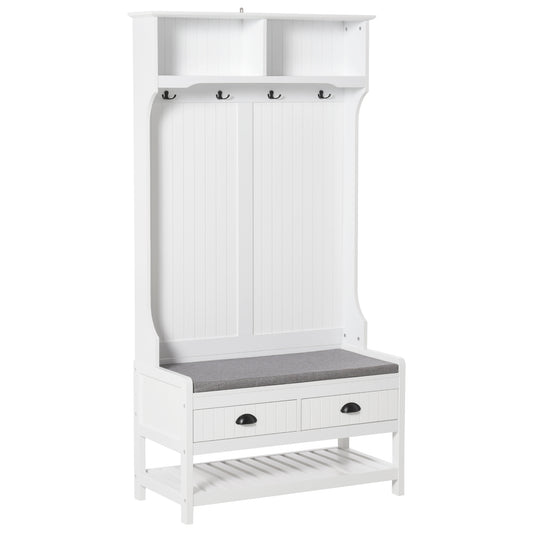Hall Tree Shoe Bench with 4 Hooks and Drawers - White