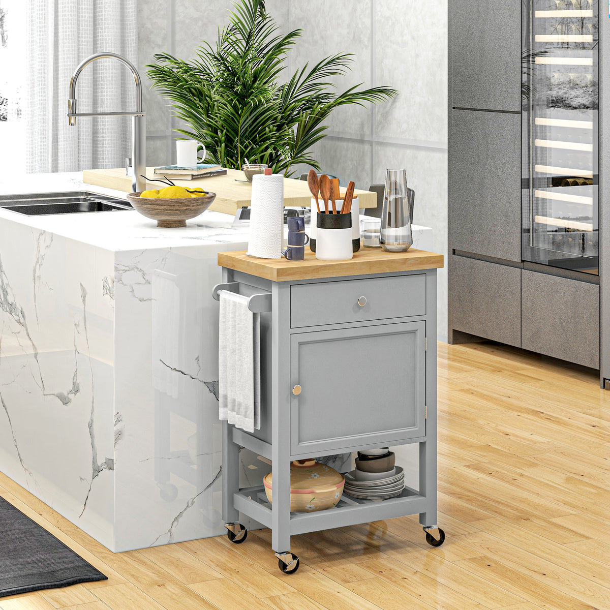 Kitchen Cart on Wheels, Rolling Kitchen Island Cart with Wood Top, Towel Rack, Drawer and Shelf for Dining Area, Grey
