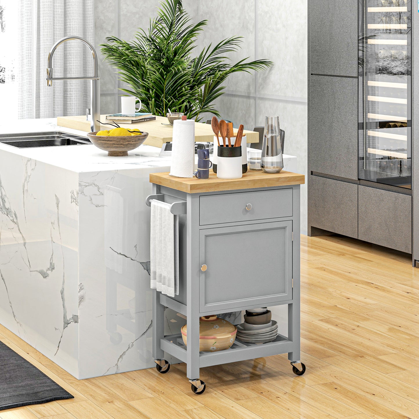 Kitchen Cart on Wheels, Rolling Kitchen Island Cart with Wood Top, Towel Rack, Drawer and Shelf for Dining Area, Grey