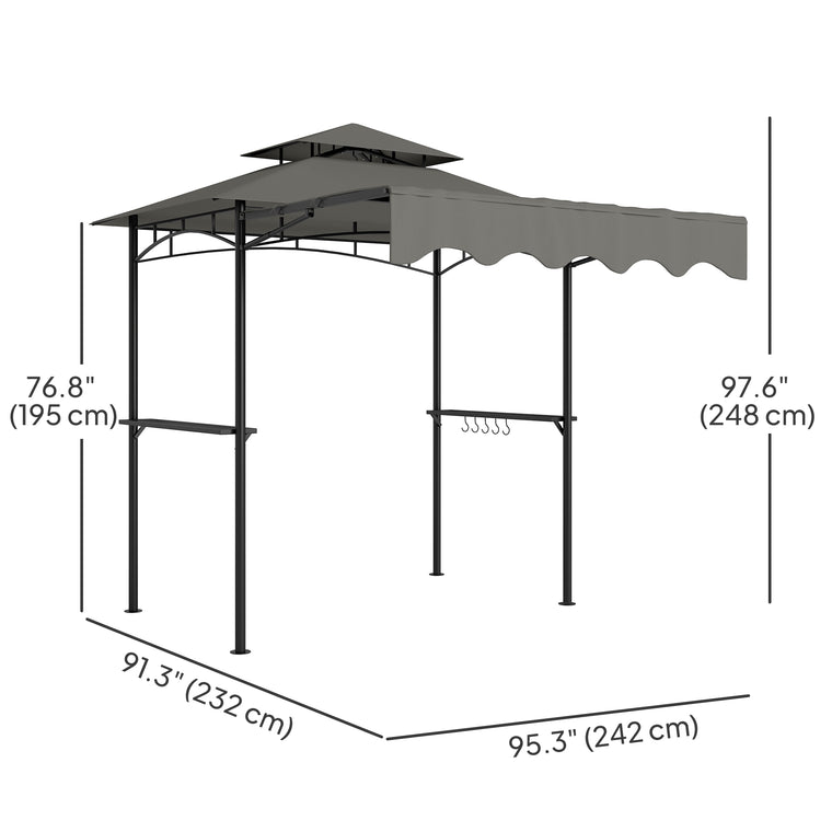 8' x 7.6' Light Grey Grill Gazebo with Side Awning & Shelves