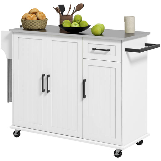 Rolling Kitchen Island with Stainless Steel Top - White