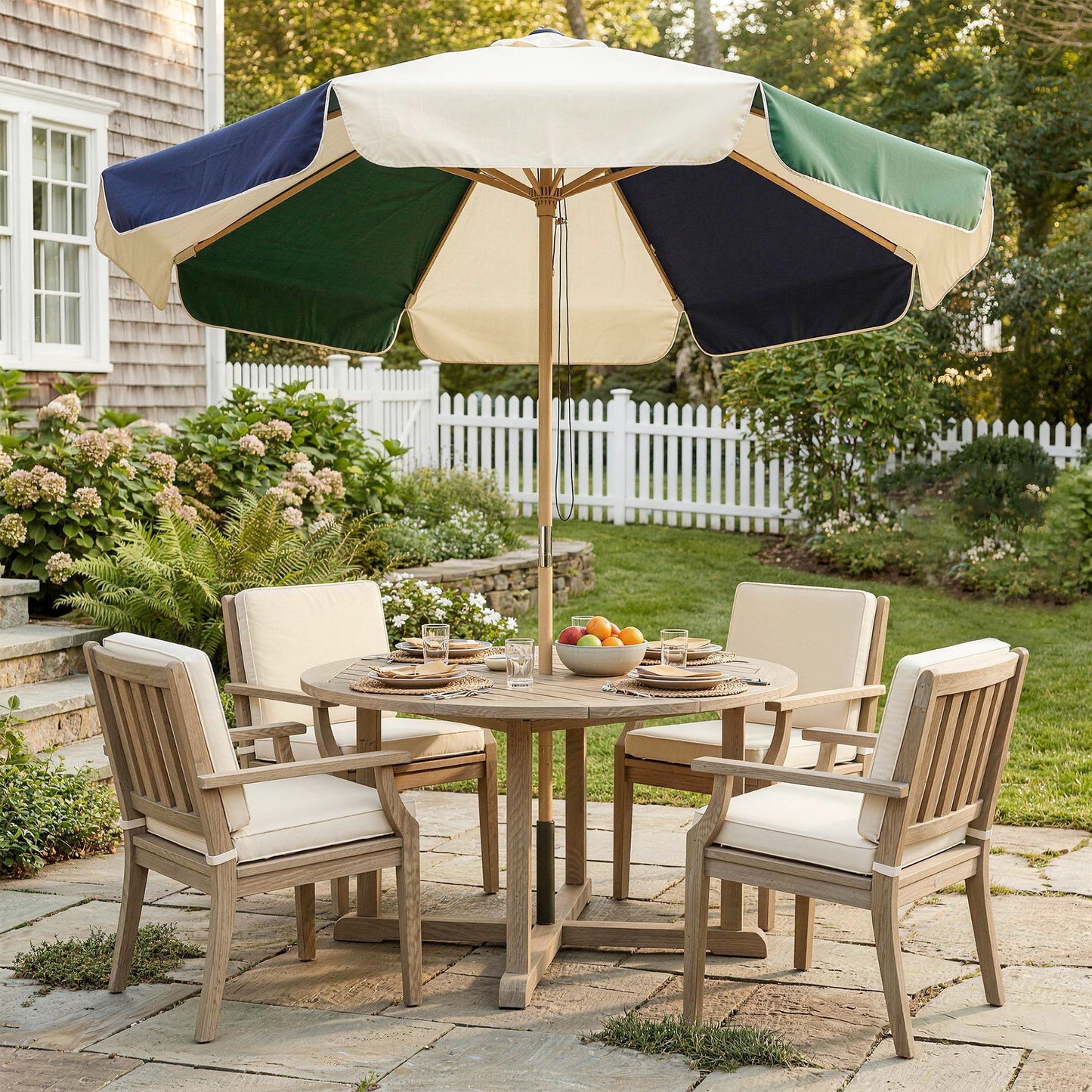 7.4 ft Patio Umbrella with Wood-Effect Frame, Colour-Blocked UPF 30+ Outdoor Market Table Umbrella Parasol, Dark Green