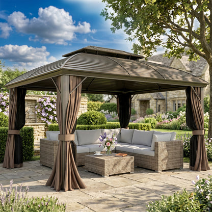 10' x 12' Coffee Hardtop Gazebo with Double Roof & Curtains