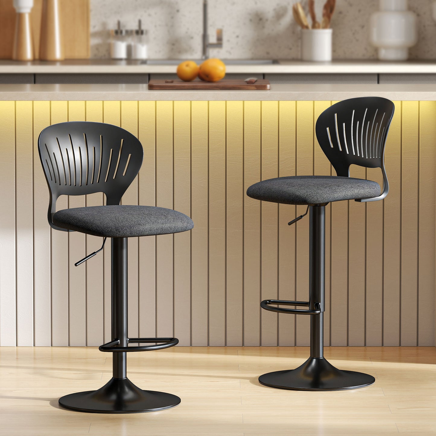 Bar Stools Set of 2, Modern Swivel Counter Height Barstools with Footrest and Hollow Backrest, Black