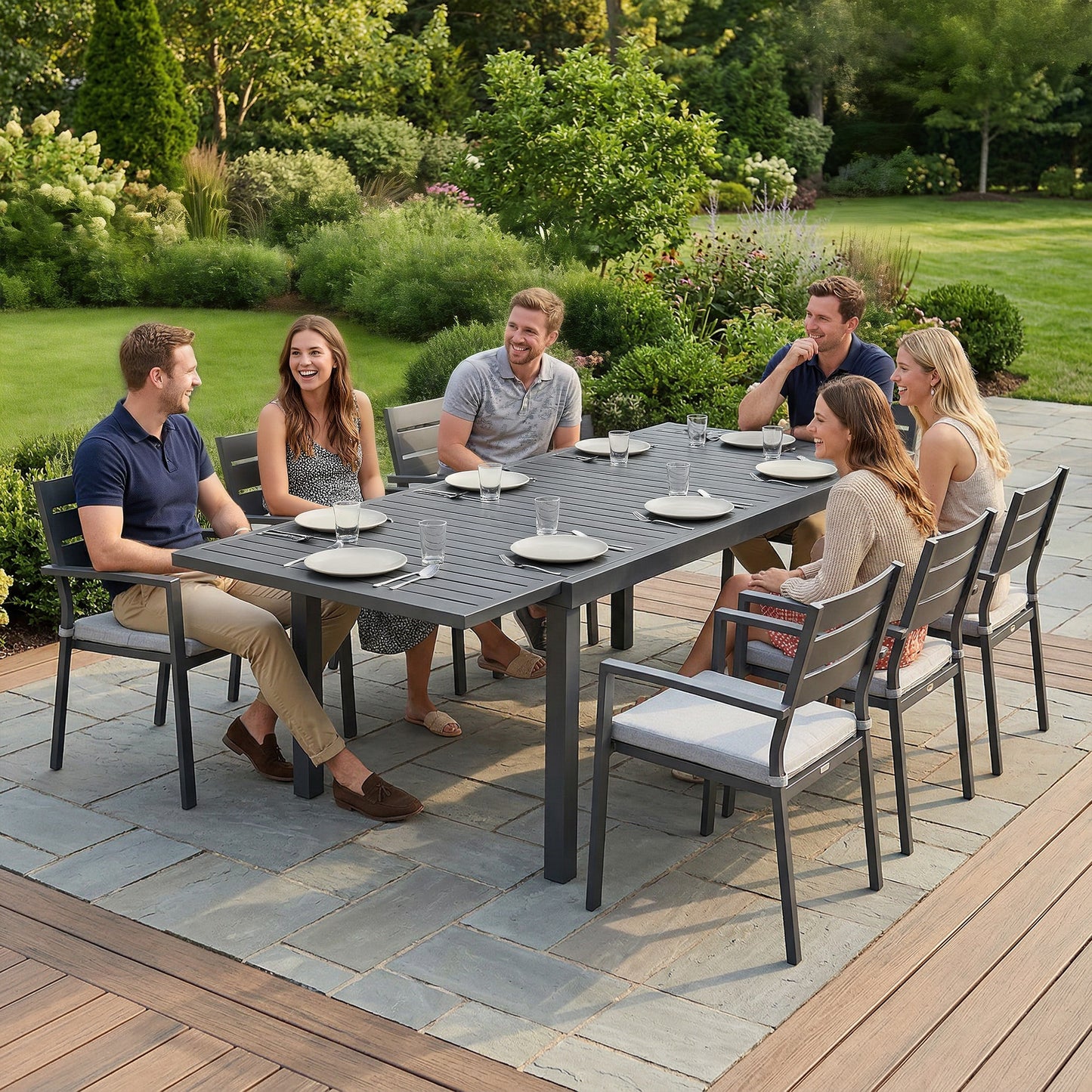 Expandable Outdoor Dining Table for 6-8 People, 59"-89" Aluminum Patio Dining Table with Slatted Top, Dark Grey