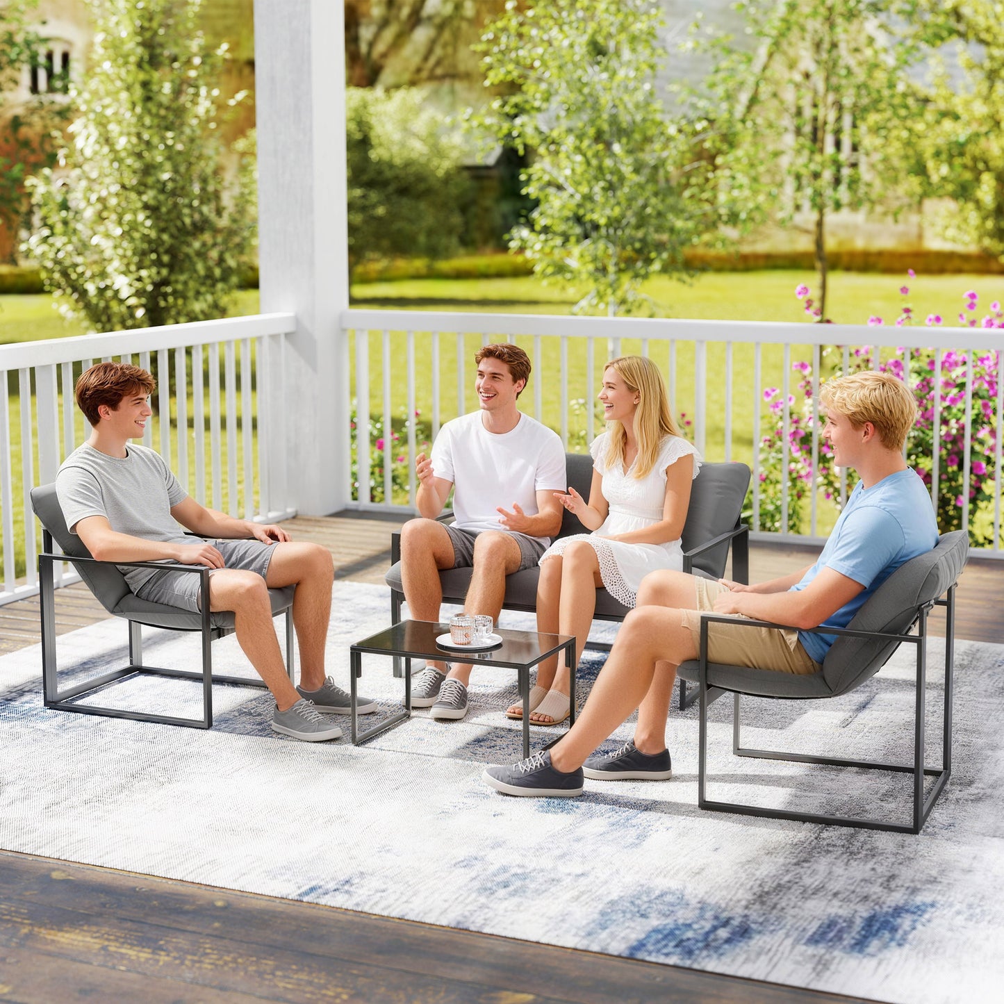 4 Piece Outdoor Furniture Set, Patio Conversation Set with Tempered Glass Table, Loveseat, Chairs, Cushions, Light Grey