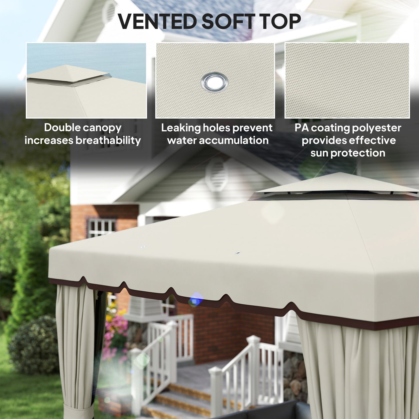 10' x 10' Outdoor Patio Gazebo, Double Soft-top Garden Shelter Tent with Curtains & Mesh Screen Drapes, Cream White