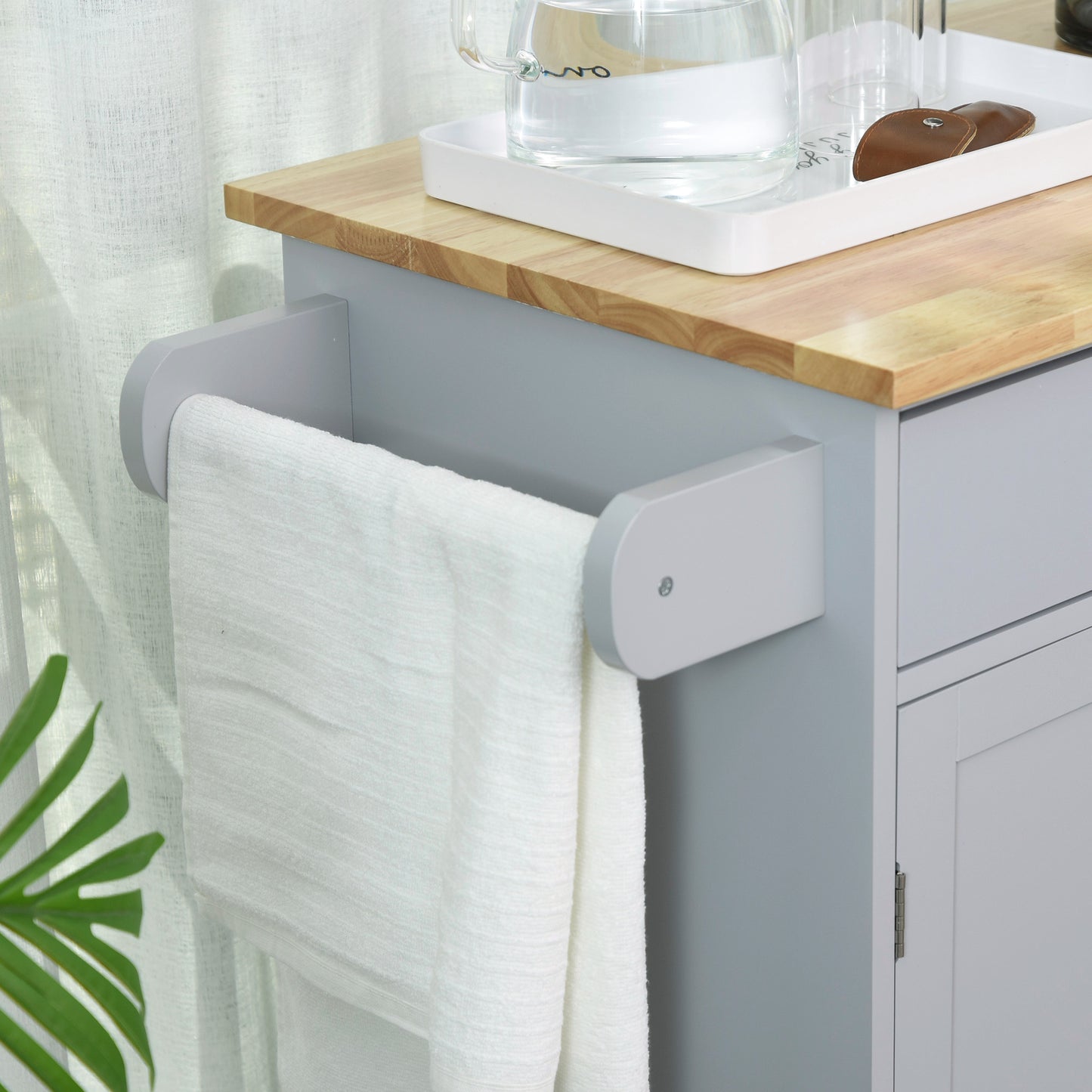 Rolling Kitchen Island Cart with Wood Top, Enough Storage Drawer Space with Towel Bar Rack Shelves, Portable Kitchen Utility Serving Cart Trolley on Wheels (Grey)