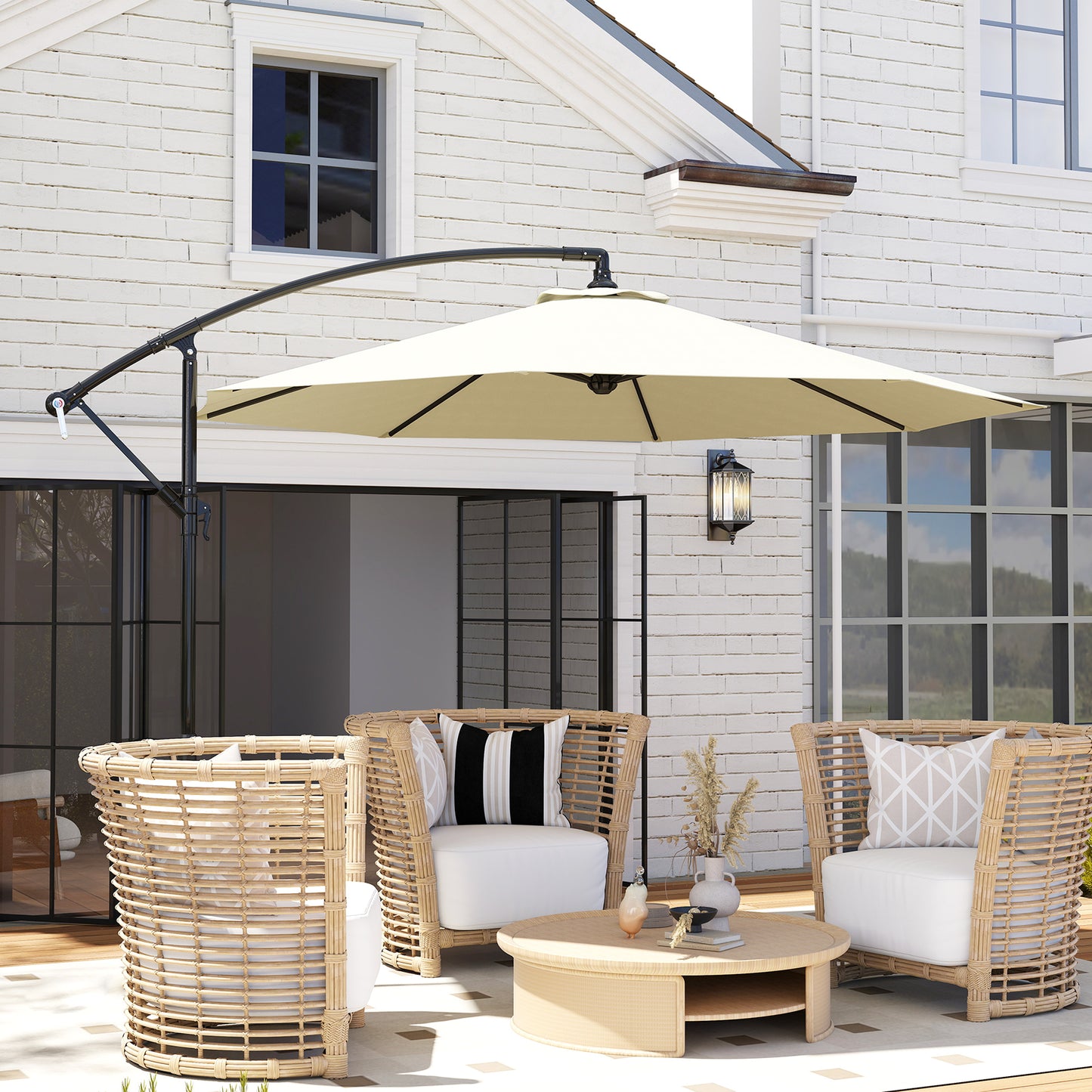 Φ10' Deluxe Cantilever Umbrella Outdoor Market Parasol Banana Hanging Offset Sunshade Crank Cross Base Beige