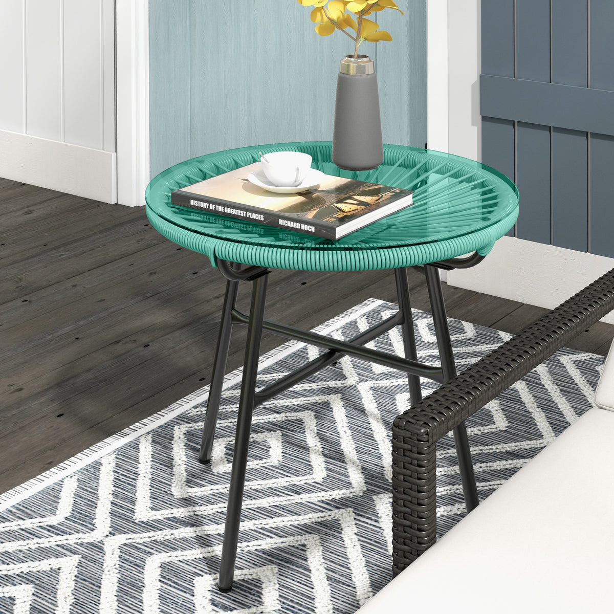Rattan Side Table, Round Outdoor Table, with Round PE Rattan and Tempered Glass Table Top for Patio, Garden, Light Green