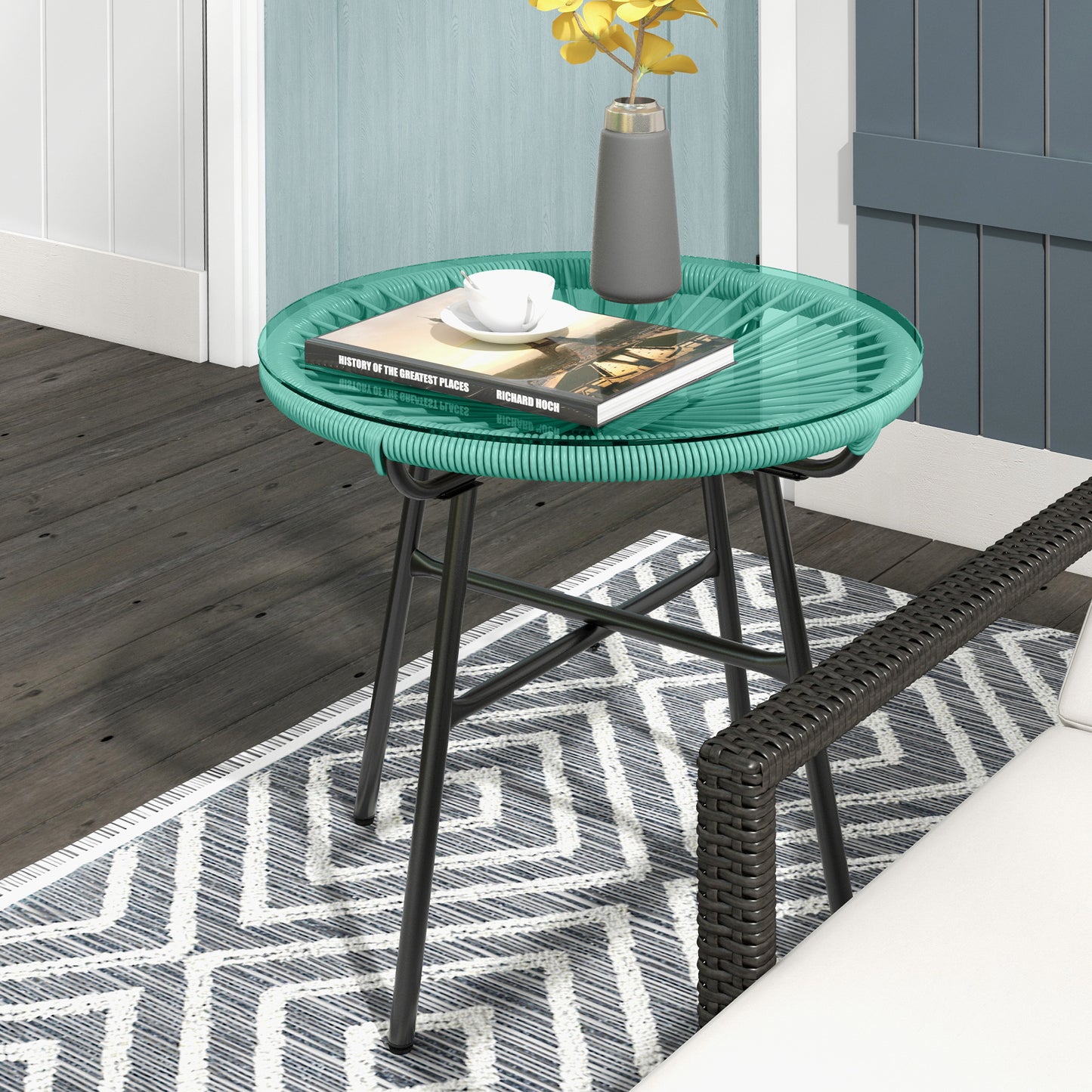Rattan Side Table, Round Outdoor Table, with Round PE Rattan and Tempered Glass Table Top for Patio, Garden, Dark Grey - Green