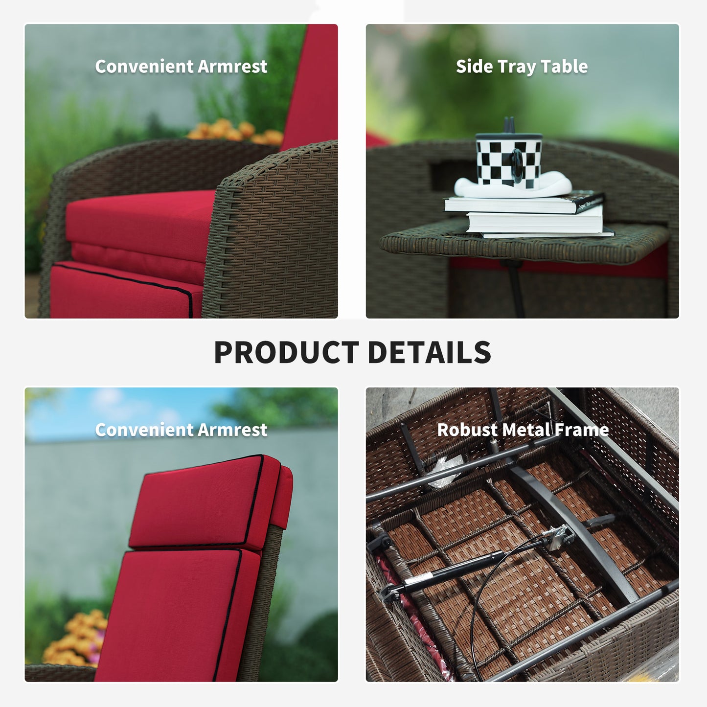Outdoor Recliner Chair with Adjustable Backrest, Cushion, Side Tray, Black
