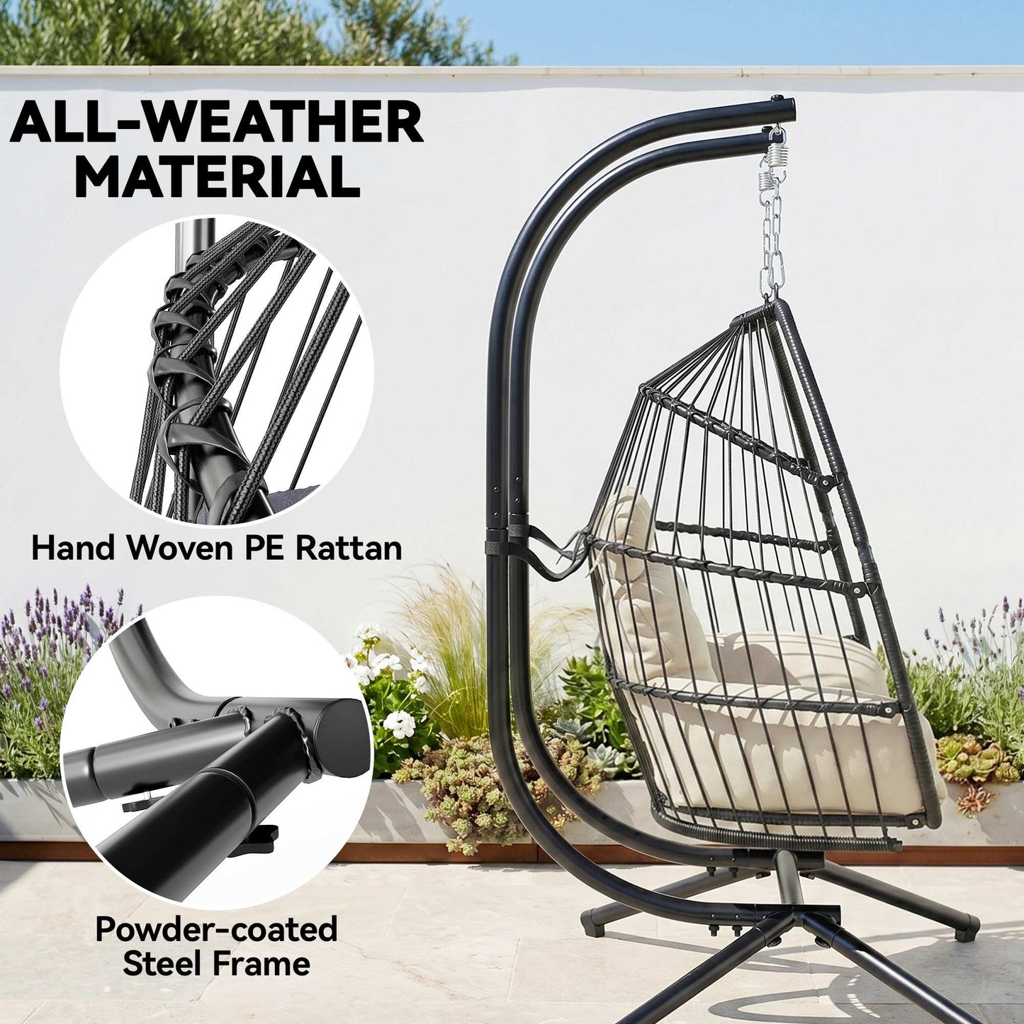 Double Wicker Egg Swing Chair with Stand, Foldable Hanging Egg Chair with UV Resistant Cushion, Headrest, Cream White
