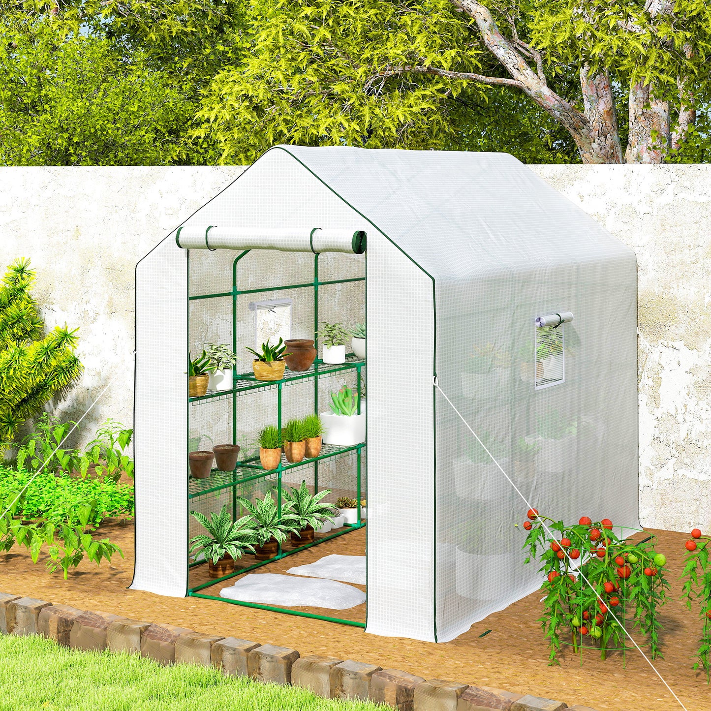 Walk-in Greenhouse with 3 Tier, Garden Plant Growhouse with Roll-up Door and Mesh Windows, 140 x 213 x 190 cm, White