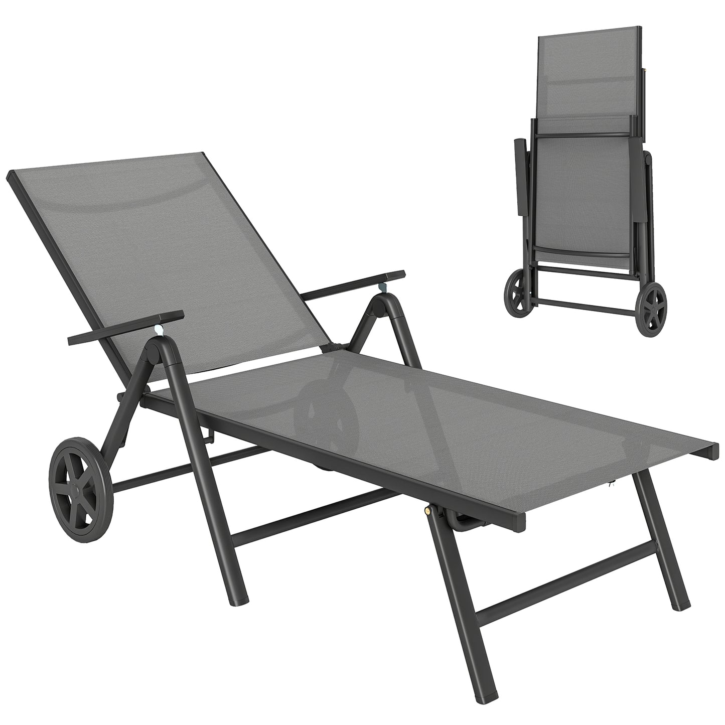 Outdoor Lounge Chair, 5-Level Adjustable Folding Chaise Chair with 2 Wheels for Backyard, Beach, Poolside, Grey