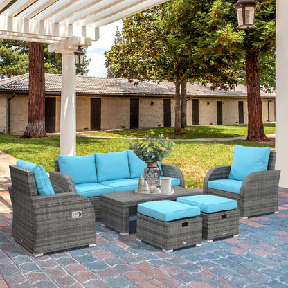 Sky Blue 6-Piece Wicker Sectional Set with Recliners