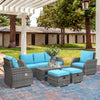 6 Pieces Patio Furniture with Cushions, PE Wicker Sectional Furniture Conversation Set with a 3-Seat Sofa, 2 Recliner Chairs, 2 Footstools, Table, Sky Blue