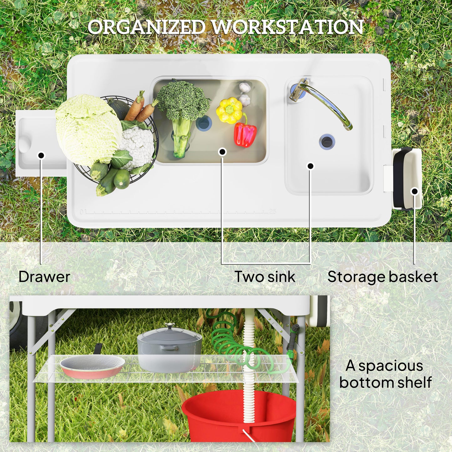 Folding Fish Cleaning Table with Sinks, Camping Sink with Faucet Drainage Hose Sprayer Shelf Drawer Storage Basket, Outdoor Sink Station for Beach Patio Picnic, White