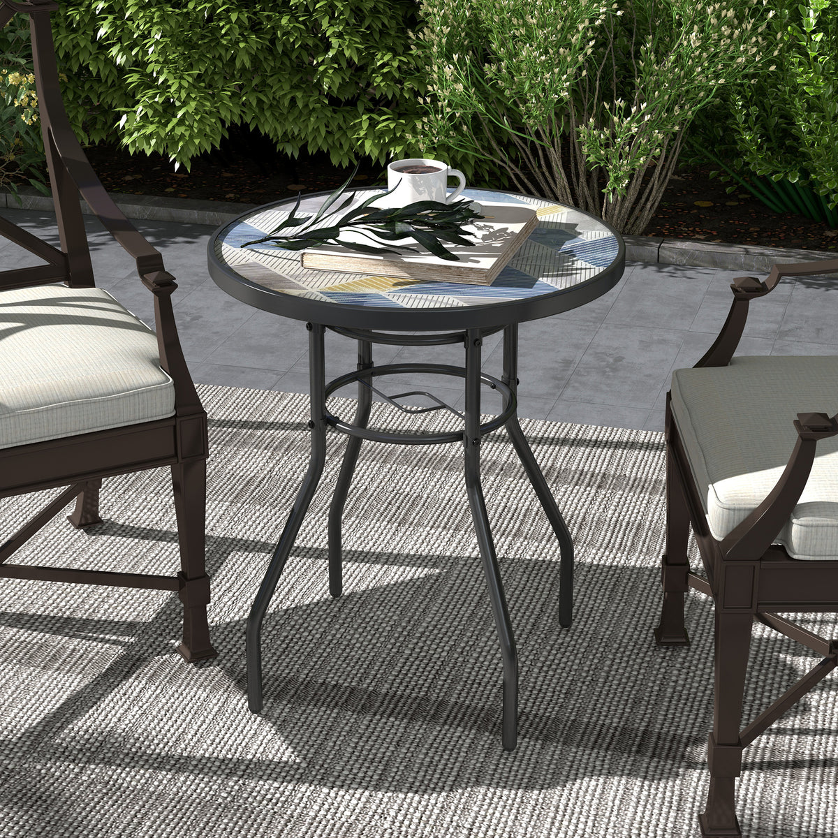 23.6" Round Patio Table, Outdoor Side Table with Glass Printed Top, Multicolour
