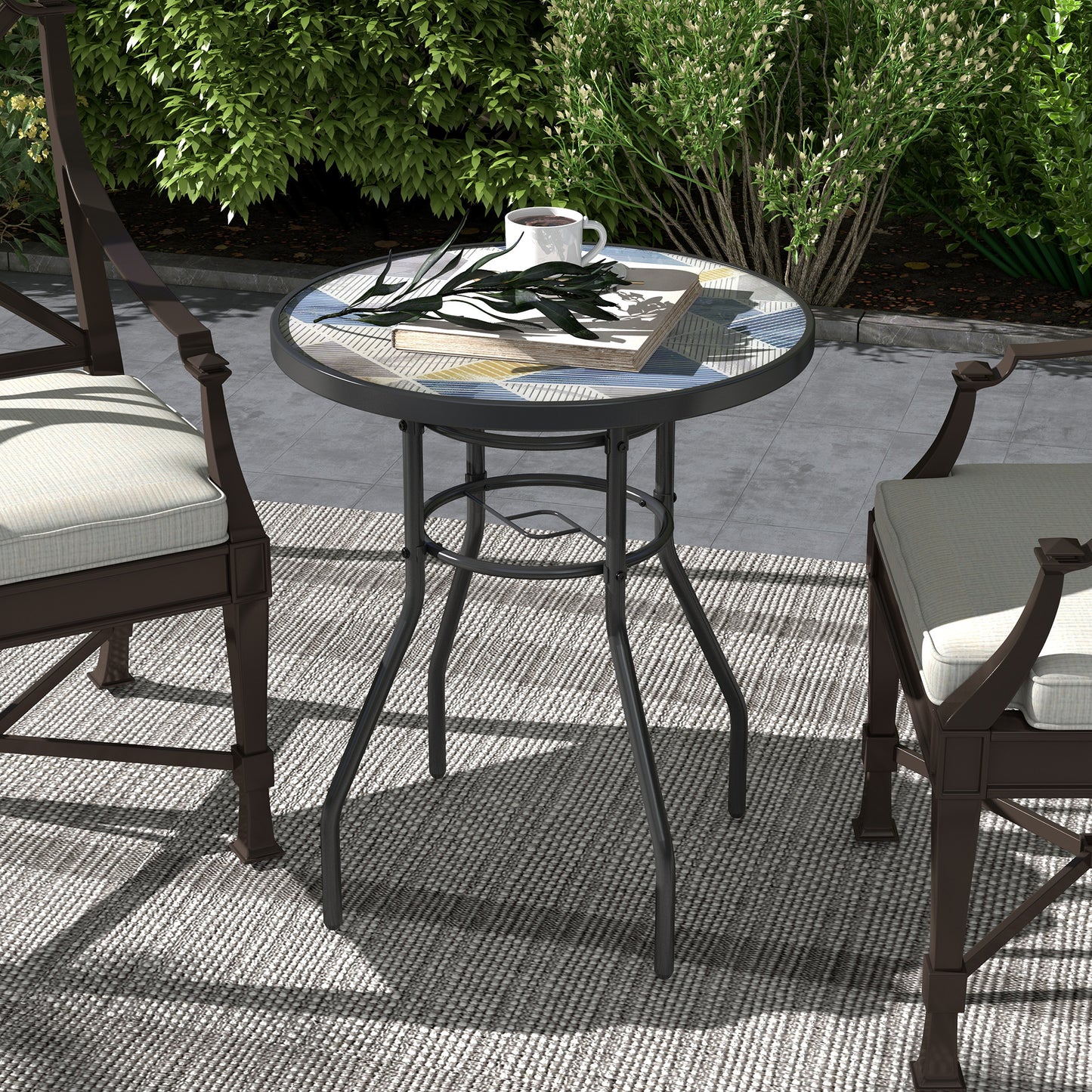 23.6" Round Patio Table, Outdoor Side Table with Glass Printed Top, Multicolour