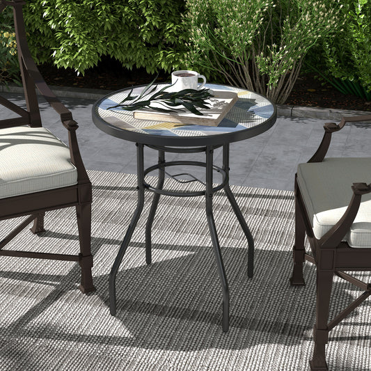 23.6" Round Patio Table, Outdoor Side Table with Glass Printed Top, Multicolour