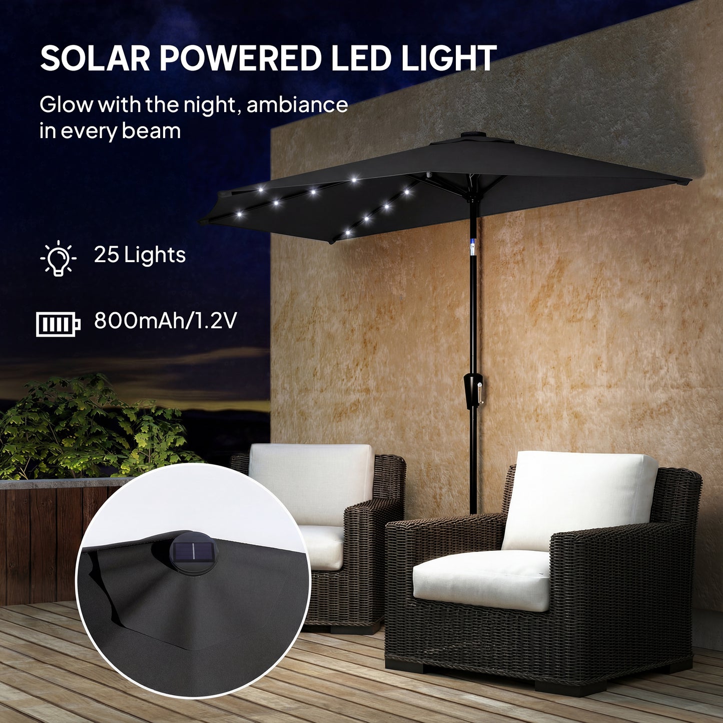105.1" x 53.5" Black Half Patio Umbrella with Solar LED Lights