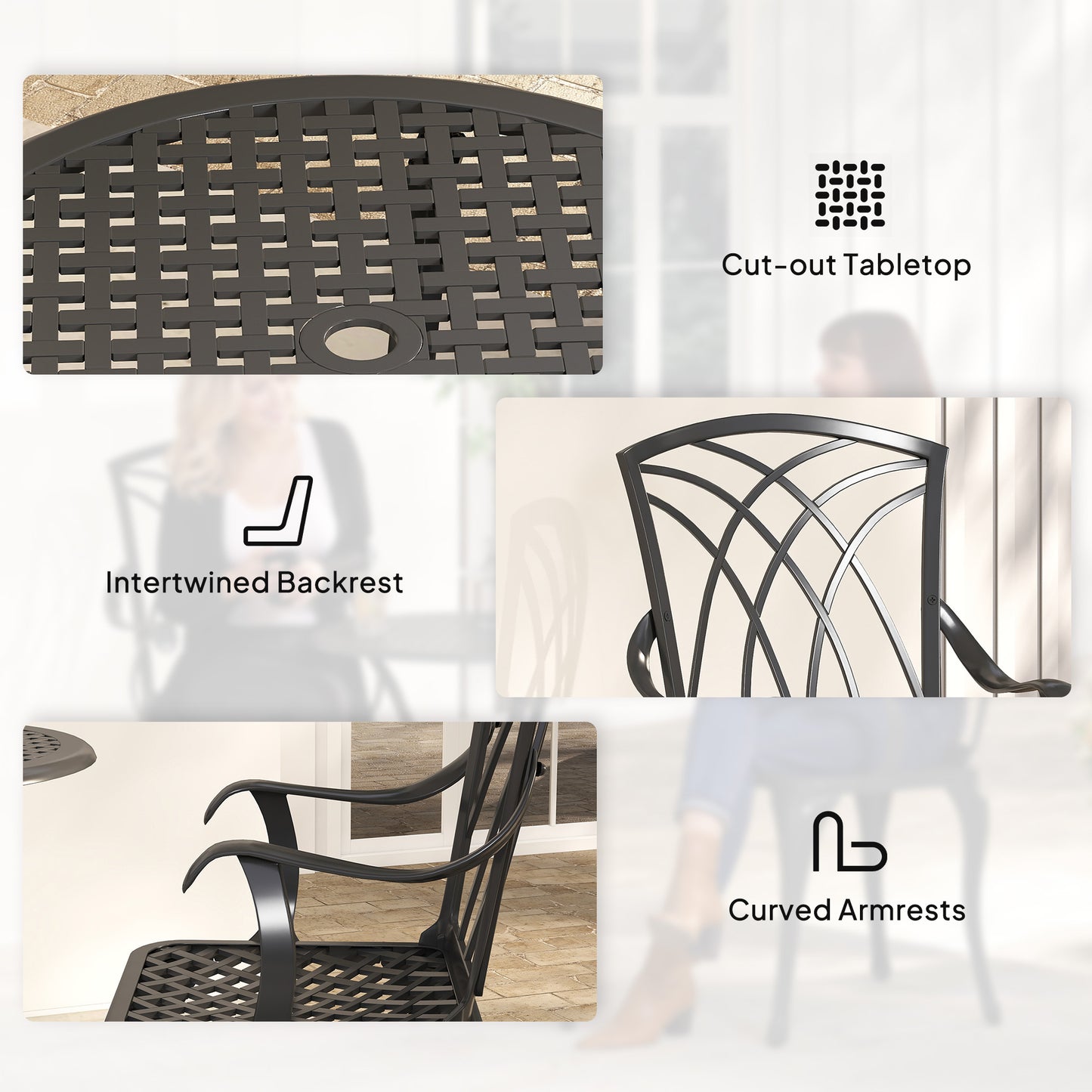 3 Pieces Patio Bistro Set, Cast Aluminum Outdoor Conversation Furniture Set, Coffee Table with Umbrella Hole, 2 Armchairs, Brown