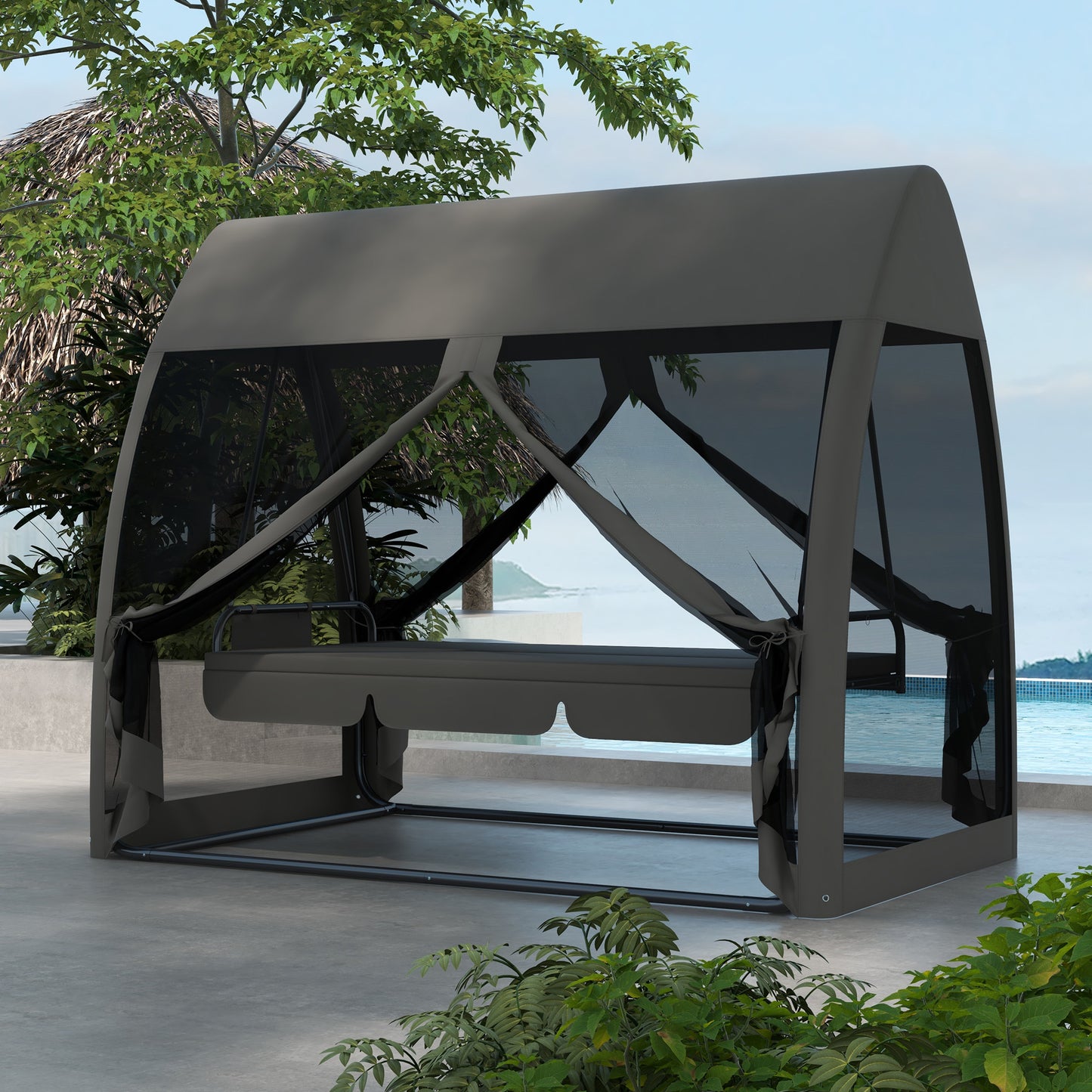 3-Seater Outdoor Swing Chair Chaise Lounger Bed Garden Hammock with Steel Stand, Canopy Netting Walls, Dark Grey
