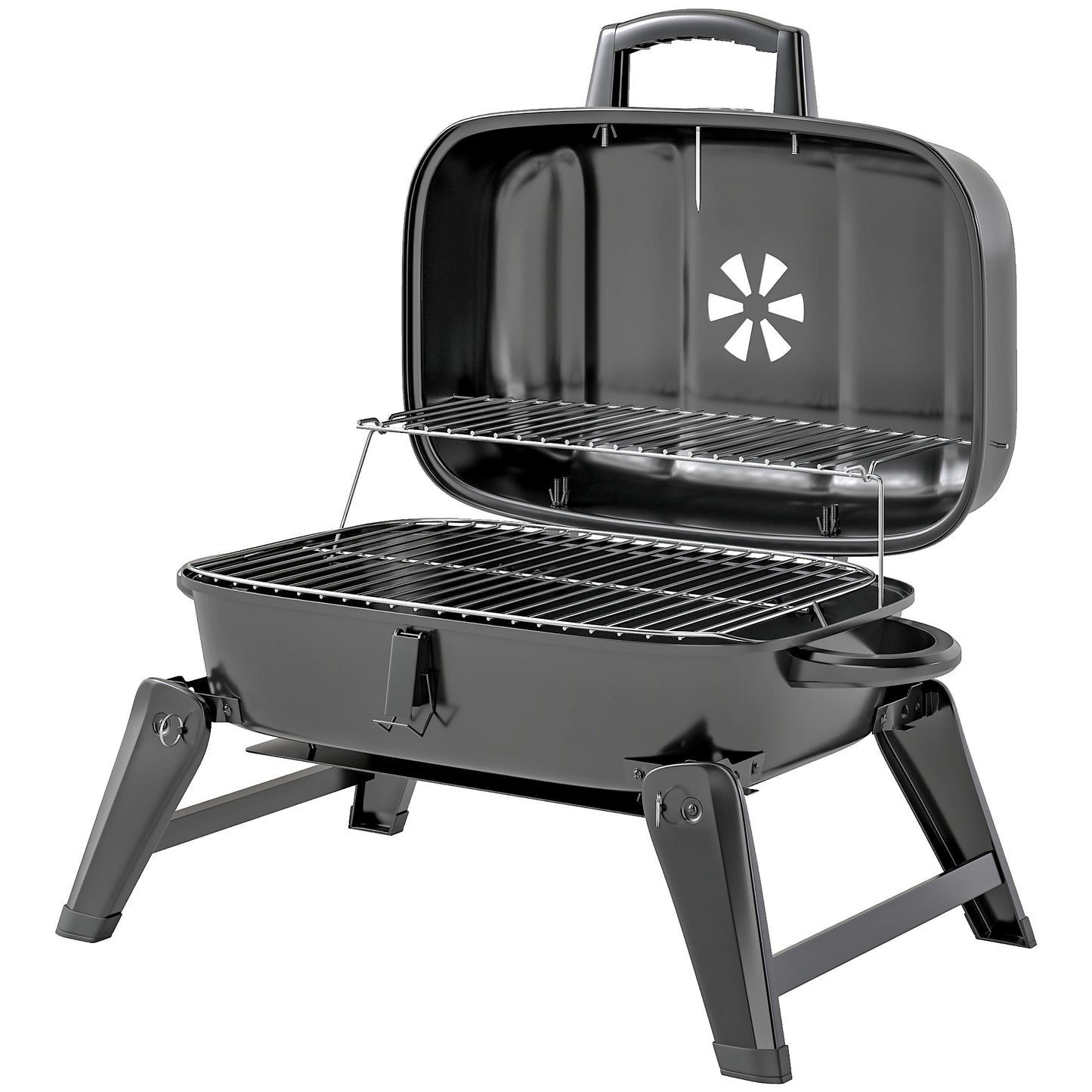 Charcoal BBQ Grill, Foldable Barbecue Grill with Warming Rack, Adjustable Vent, Thermometer, Handles, Black