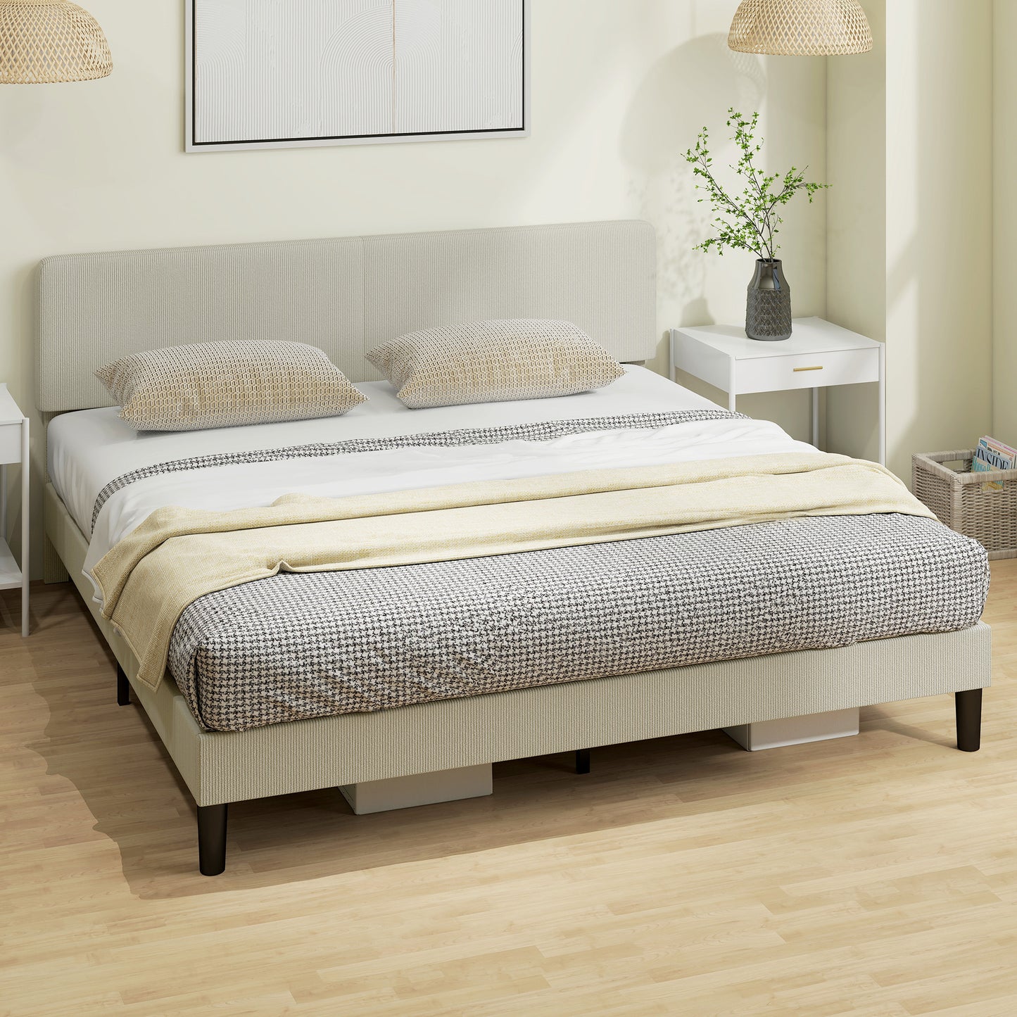 King Size Bed Frame with Adjustable Upholstered Headboard Platform Bed Frame Wood Slat Support Noise Free Light Grey