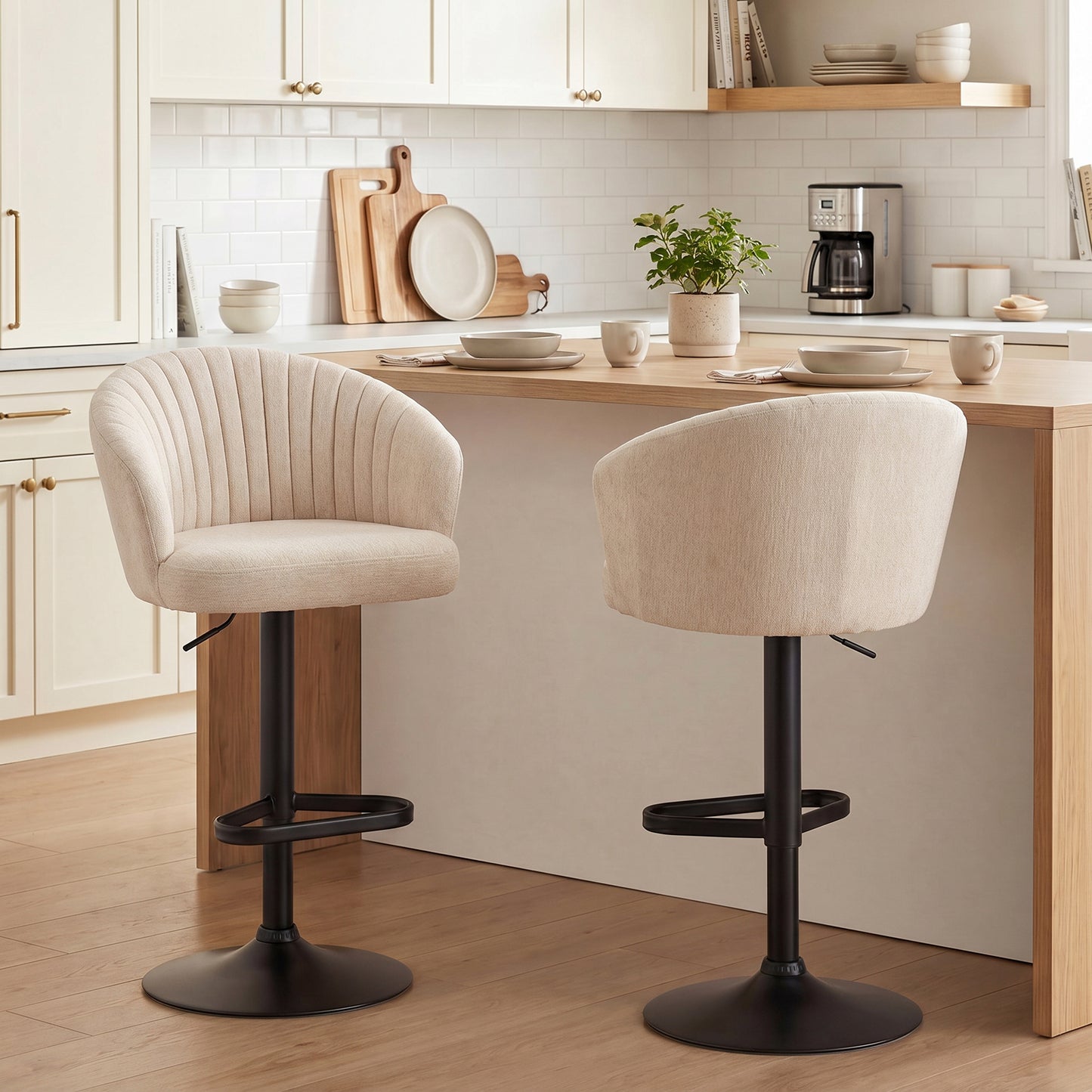 Bar Stools Set of 2, Swivel Counter Height Barstools with Back, Footrest, Adjustable Height, Beige