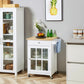 Rolling Kitchen Cart with Drawer and Glass Door Cabinet, Kitchen Island on Wheels with Towel Rack, White
