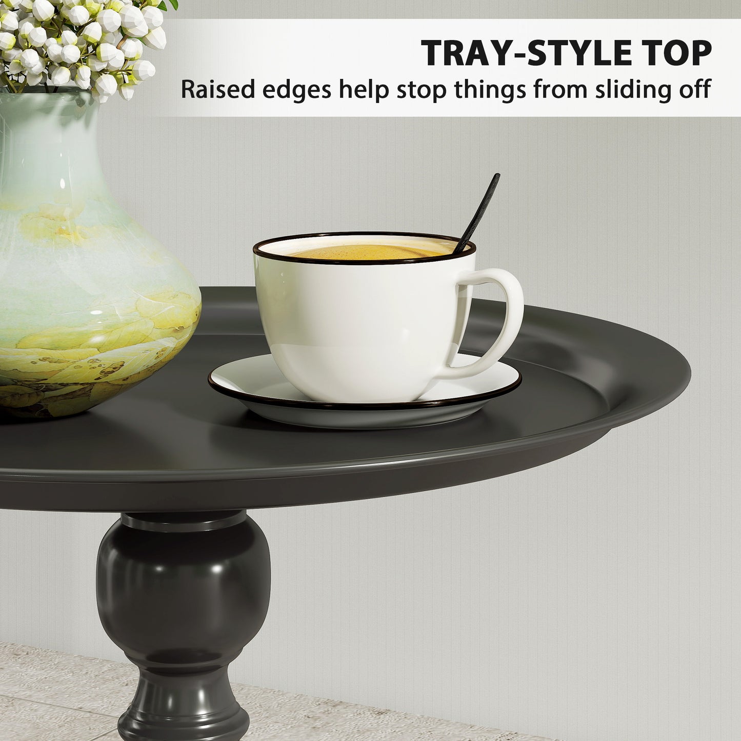 15.4" Round Outdoor Side Table, Tray Top Metal Patio Table with Retro Column Base for Indoor, Balcony, Garden, Black